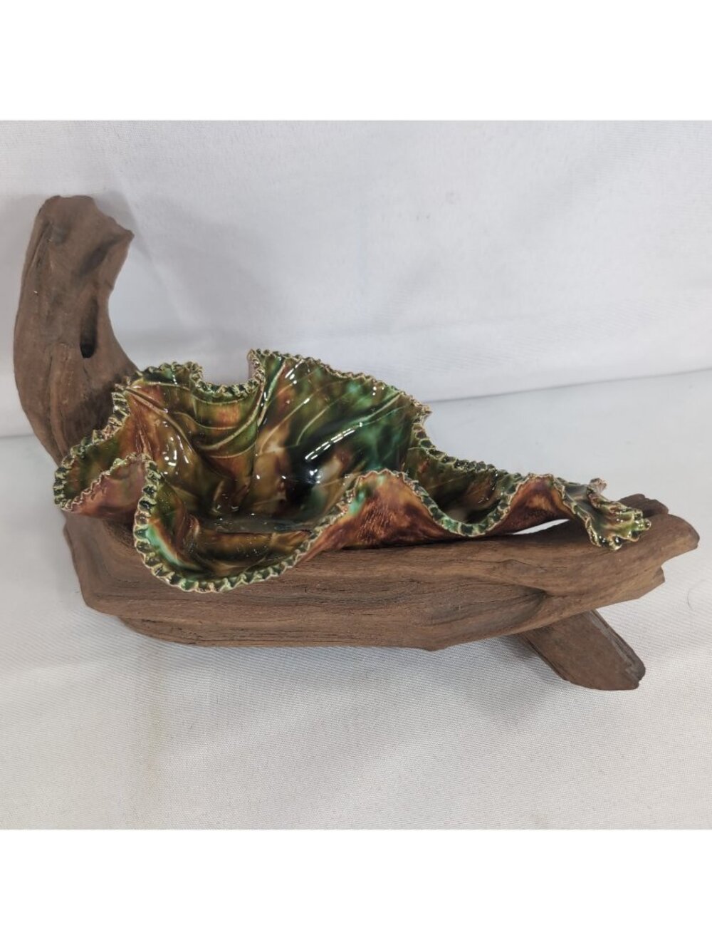 Vintage Florida Keys Studio Art Pottery Leaf Ashtray Wood Log Handmade 7” Signed